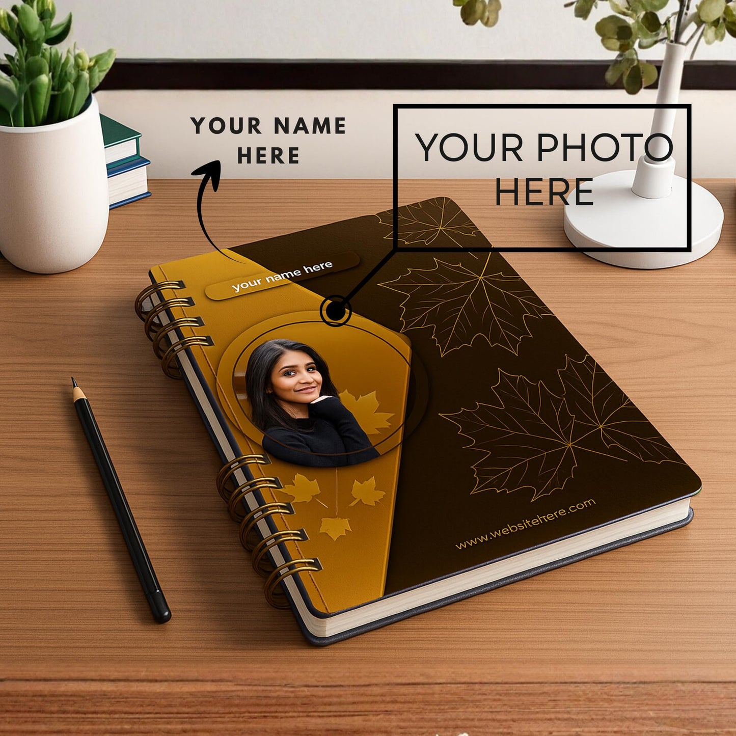 Premium Customizable A5 Diary | Personalized with Name, Photo | Golden metal wiro bound Diary